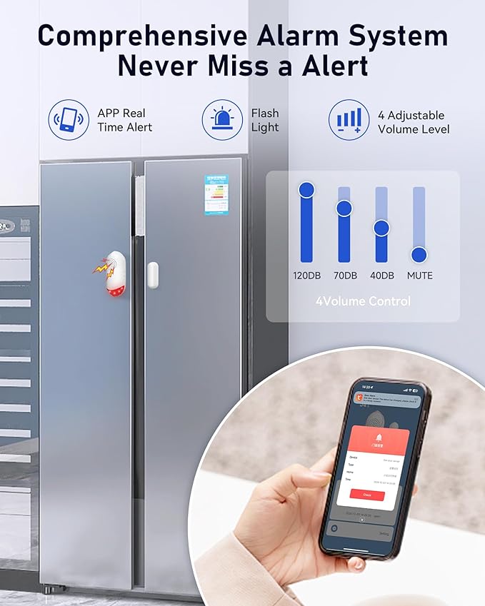 PILSAMAS Smart WiFi Freezer Refrigerator Door Alarm with APP Alerts, No Subscription Fee, 0-60s Delay, Scheduled Arm/Disarm, 0-120dB Adjustable Siren with Light for Fridge/Home/Commercial