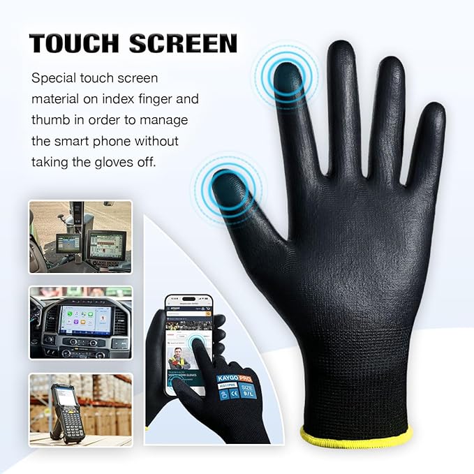 Work Gloves PU Coated for Men and Women, 12 Pairs Safety Work Gloves with Two Fingers Touchscreen, Breathable and Lightweight,Ideal for Light Warehouse, Manufacturing, Gardening, KG11P (L, Black)