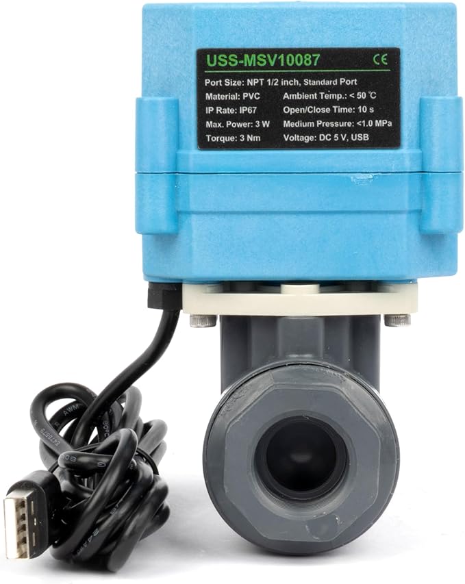 U.S. Solid WiFi Smart Motorized Ball Valve 1/2 inch NPT for Water Control & Irrigation, 2 Way PVC Electric Valve, USB Powered, LED Status Indicator, Flow Direction Window, Remote On/Off Control