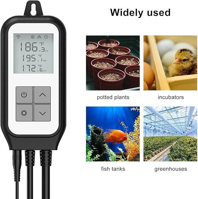 Digital Temperature Controller with WiFi and App Remote Monitoring - Smart Thermostat Socket for Heating and Cooling - Dual Output Timing Control - Range -30 to 105 Degrees Celsius
