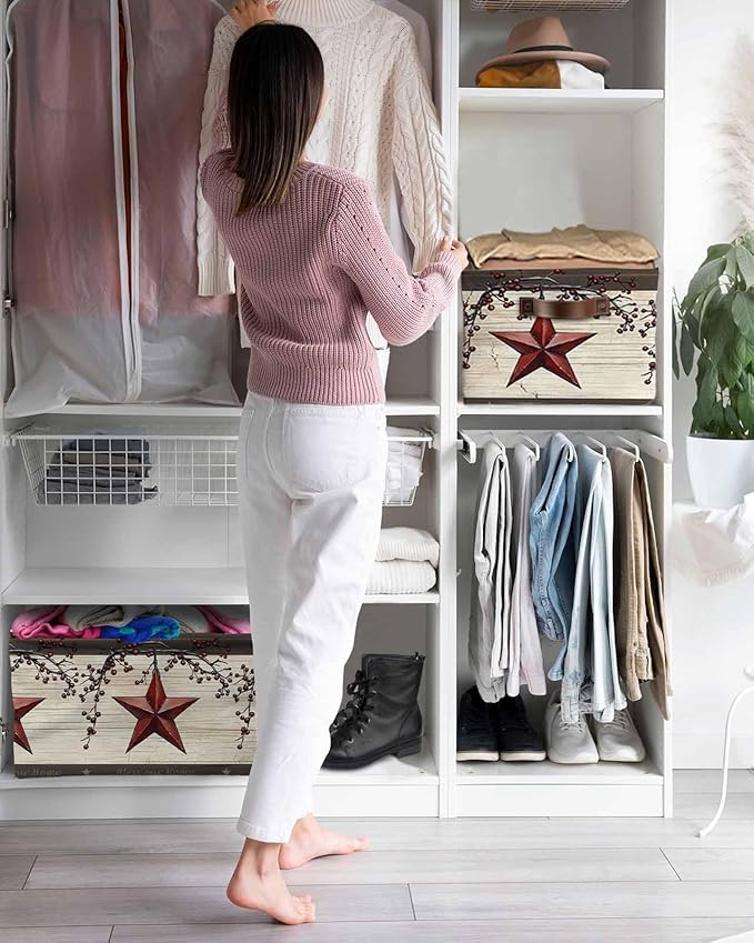 Texas Star Red Storage Bins Cubes Waterproof Cloth Storage Basket, Farmhouse Berry Wooden Vintage Foldable Storage Bags for Shelf Closet Clothes Storages Organizers with Handles 15x11x9.5 in 2PCS