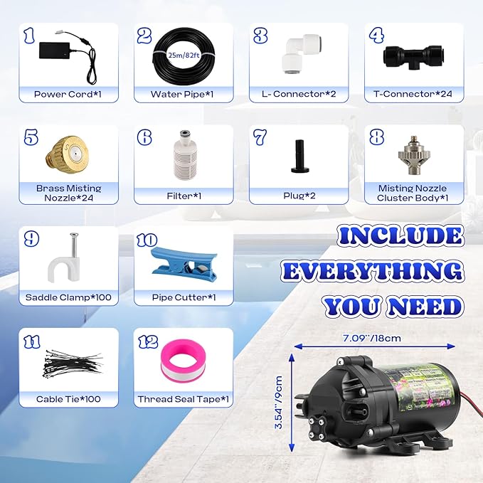 Moongiantgo Outdoor Misting Cooling System with Pump Kit-82ft Misting System pipe+24 Brass Mist Nozzles 0.02’’+Cluster Body+3/4’’ Adapter-Mister for Outside Patio Backyard Garden Greenhouse Trampoline