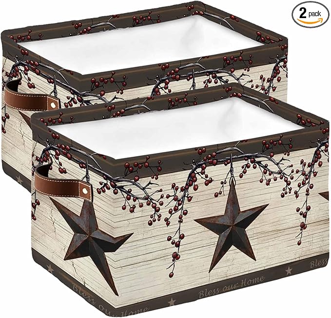 Texas Star Brown Storage Bins Cubes Waterproof Cloth Storage Basket, Farmhouse Berry Wooden Vintage Foldable Storage Bags for Shelf Closet Clothes Storages Organizers with Handles 15x11x9.5 in 2PCS