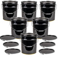 ATERET 5 Gallon Black Metal Bucket & Lever Lock Pail Lid - 6 Pack - Heavy Duty Durable Pails and Lids for Outdoor and Household Use