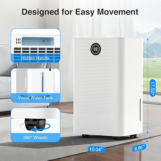 ZAFRO Dehumidifier for Home & Basement with Drain Hose, Energy Efficient 24 Pints Dehumidifier, Auto or Manual Drainage, Auto Defrost, 3 Modes, 24 Hours Timer