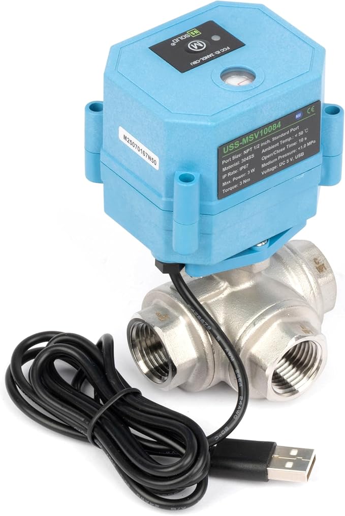 U.S. Solid WiFi Smart Motorized Ball Valve 1/2 inch NPT for Water Control & Irrigation, 3 Way 304SS Electric Valve, USB Plug, LED Indicator, Flow Direction Window, Remote On/Off Control, NSF Certified