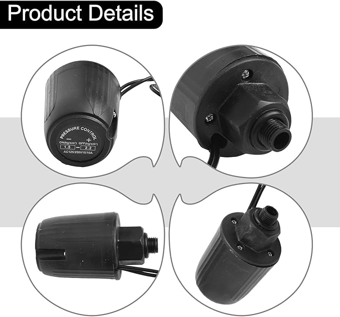 Self Priming Water Pump Controller Adjustable Pressure Switch for Steady Flow Precise Pressure Regulation Easy Installation Tought Plastic Metal 1/4 3/8 Thread Black for Home Industrial(1/4 1.5-2.2kg)