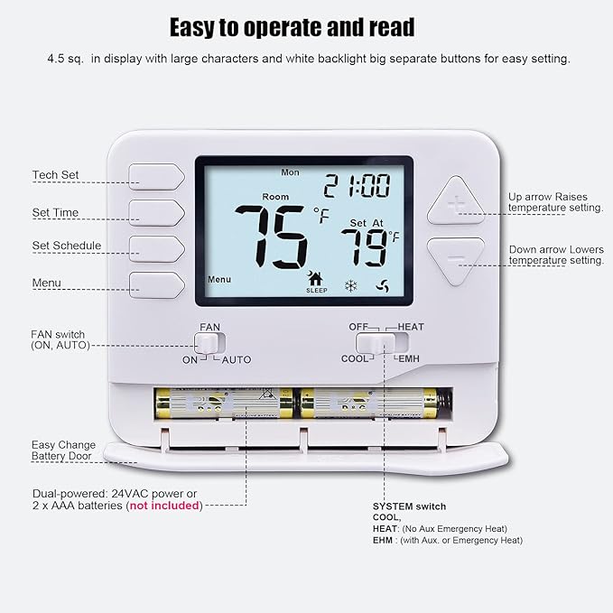 Heagstat H725 5/1/1 Day Programmable Heat Pump Thermostat, 2 Heat/1 Cool DIY Instal, with 4.5 sq. Inch Display