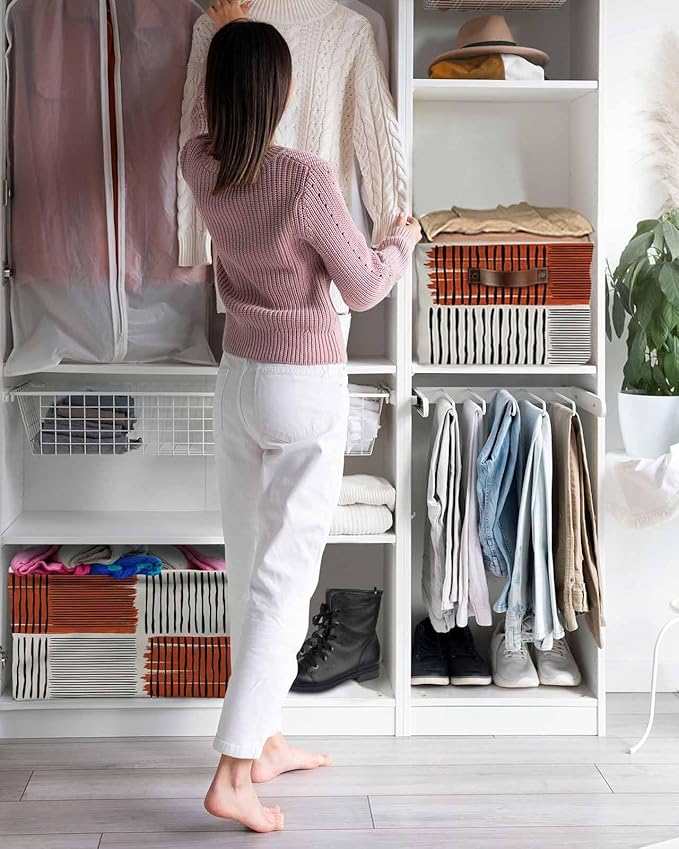 Brown Striped Storage Bins Cubes Waterproof Cloth Storage Basket, Farmhouse Stripes Modern Abstract Art Foldable Storage Bags for Shelf Clothes Storages Organizers with Handles 15x11x9.5 in 2PCS
