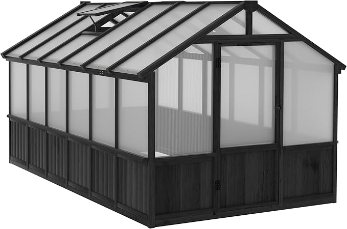 Yardenaler 8x12 FT Greenhouse Kit with 6MM Thick Polycarbonate Panel for Outdoor, Wooden Walk-in Green House with Adjustable Roof Vent and Lockable Door, Backyard, Garden, Black