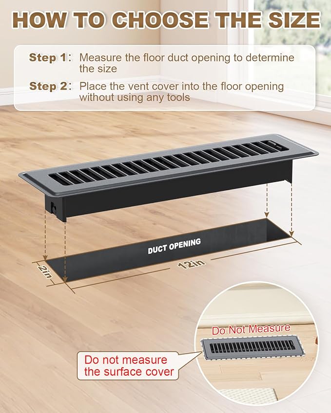 2 x 12 Floor Register, 4 Pack – Gray Vent Covers for Home Floor, Anti-Rust Coated Metal Surfaces with Adjustable Airflow Control Lever, Ideal for HVAC Systems, Living Room & Bedroom Floor Vents