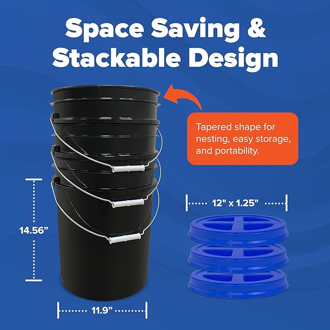 ePackageSupply 5 Gallon Bucket - Food Grade Bucket with Airtight Gamma Seal Screw-On Lid, BPA-Free, Heavy-Duty 90 Mil HDPE Plastic, Bulk Storage, Durable Container, Made in USA, Black/Blue, 6 Packs