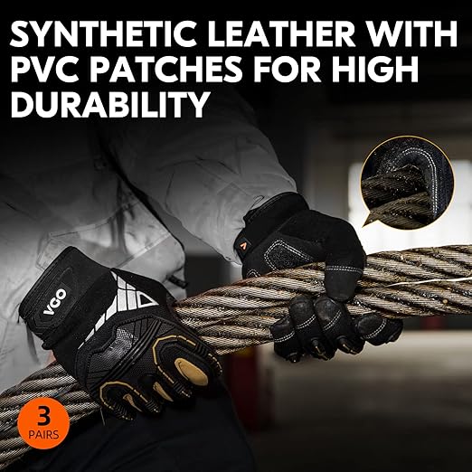 Vgo... 3-Pairs Heavy Duty Synthetic Leather Work Gloves, Impact Protection Mechanic Gloves, Rigger Gloves, Vibration Reduction, Touchscreen Capable (Size XXL, Black, SL8849)