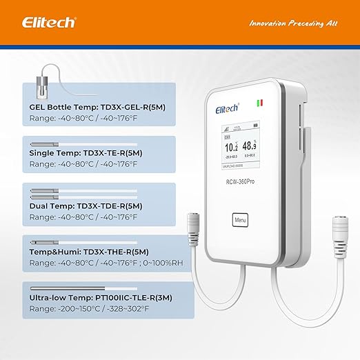Elitech Dual Temperature Probe for RCW-360Pro, -40°F to 176°F, 16.4ft Cable Auto-Detection Digital Sensor with Individual Calibration Certificate for Medical Pharma Validation, TD3X-TDE-R-5M