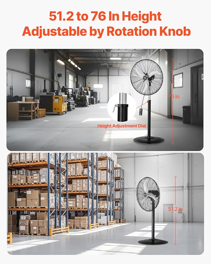 VEVOR Industrial Pedestal Fan, 24 Inch 85-Degree Oscillating Fan, Height Adjustable Standing Fans with 3 Adjustable Speeds, High Power Floor Fans for Office, Black