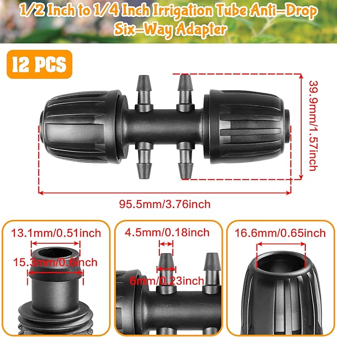 Gardrip Drip Irrigation Fittings for 1/2 Inch to 1/4 Inch Tubing Reducing Tee：1/2" (1/2" ID x 0.65" OD) to 1/4" Anti-Drop Locked Nut Barbed Reducer 6 Way Tee Connectors (12 Pack)