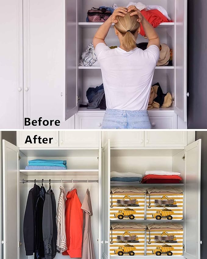 Yellow Truck Storage Bins Cubes Waterproof Cloth Storage Basket, Cartoon Striped Farmhouse Modern Art Foldable Storage Bags for Shelf Closet Clothes Organizers with Handles 15x11x9.5 in 2PCS
