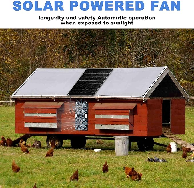 Solar Powered Fan, 30W Large Solar Fan Exhaust Dual Exhaust Fan, Equipped with Two IPX7 Waterproof Fans, Suitable for air Ventilation & Circulation in Chicken Coops, Greenhouses, Sheds, Pet Houses