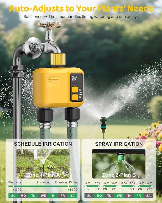 WiFi Water Timer 2 Zone for Garden Hose, Smart Sprinkler Timer with 984ft RF Range, Brass Inlet, APP/Voice Control, Rain Delay, Automatic/Manual Irrigation