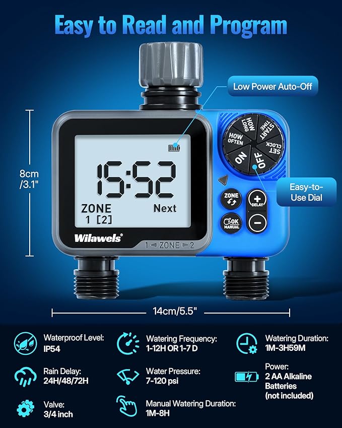 Water Timer for Garden Hose, 2 Zone Sprinkler Timer, Automatic Irrigation System/Rain Delay/Manual Watering, Programmable Watering for Lawn, Yard, Drip Irrigation C12WT06