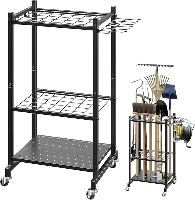 LAKEMID Garden Tool Organizer Stand with Wheels,Yard Tool Organizer for Garage with 2 Hooks, Rack Up to 42 Tools,Broom Holder & Garden Tool Rack for Shed, Patio, Outdoor Use