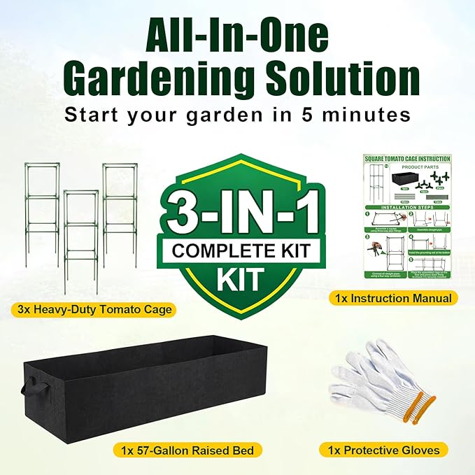 BobbleT 3 Pack Heavy Duty Tomato Cages with 86 Gallon Grow Bag, 41" Adjustable Tomato Trellis for Raised Garden Bed, Sturdy Square Plant Support for Climbing Vegetables, Cucumbers & Garden Plants