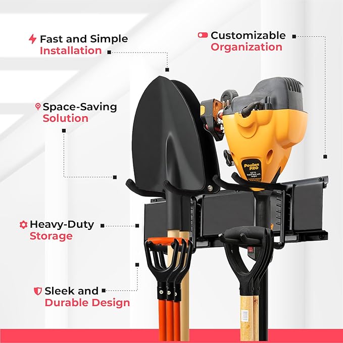 TIDYME Garage Wall Organizer | 48" Heavy-Duty Tool Storage Rack | Adjustable Double-Layer Hooks | 300 lbs Capacity | Carbon Steel Wall Mount Holder for Shovels, Rakes, Ladders & Power Tools