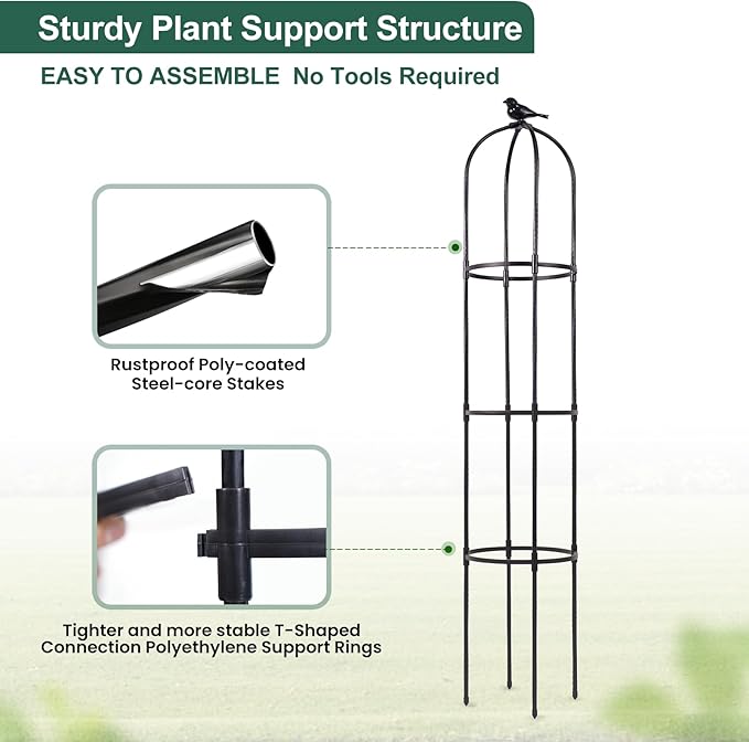 FOLLOOK Garden Obelisk Trellis for Climbing Plants Outdoor, Lightweight Climbing Plant Support Flower Roses Clematis Vegetable Light Vines Round Trellis for Raised Garden Bed Planter, Black, 2 Pack