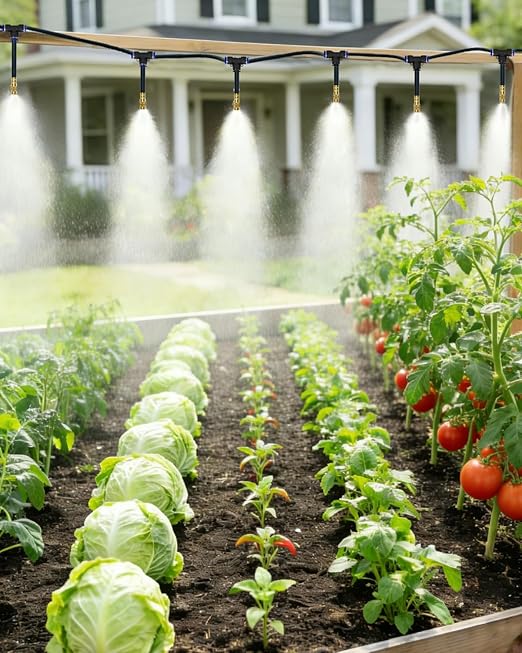 360° Adjustable Drip Irrigation System - 200FT Garden Watering System with 32 Nozzles, Garden Irrigation System, Greenhouse Accessories, Atomizing System for Yard, Lawn, Plants, 5/16 inch Hose