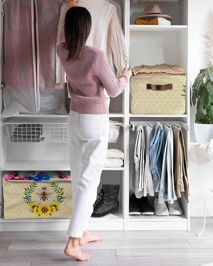 Bees Storage Bins Cubes Waterproof Cloth Storage Basket,Sunflowers Summer Watercolor Floral Leaf Palnt Honey Foldable Storage Bags for Shelf Clothes Storages Organizers with Handles 15x11x9.5 in 2PCS