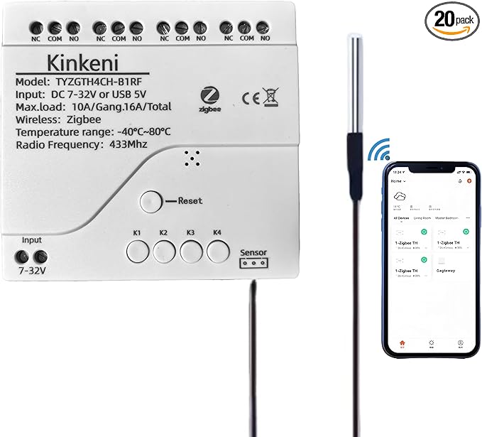 Easy Operation,Zigbee Temperature Monitoring Switch,Tuya App Remote Control,4 Channel 12V Dry Contact Smart Relay Switch, with Waterproof Sensor Probe(Tuya Zigbee hub needed), White