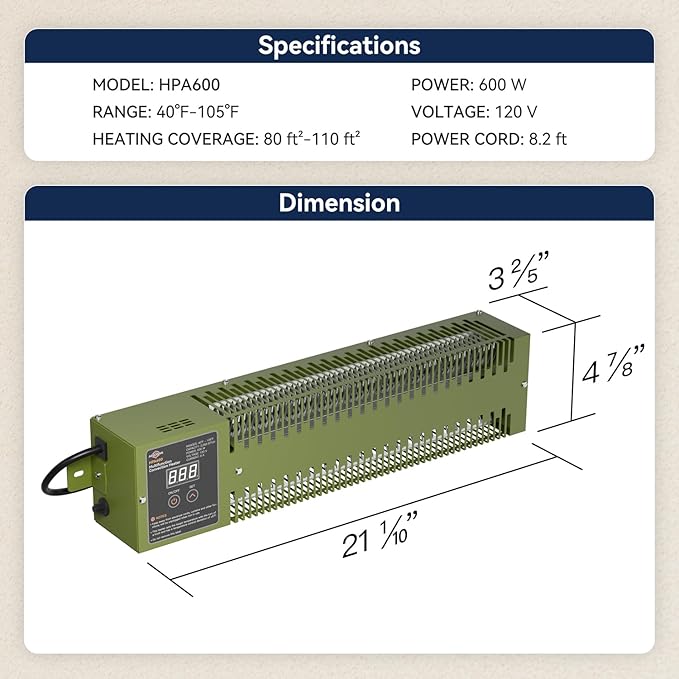 Utility Heater with Built-In Thermostat, 600W Electric Pump House Heater 120V, HPA600 Multifunction Convection Heater, Freeze Protection in Pump Houses, Utility Rooms, etc, Army Green