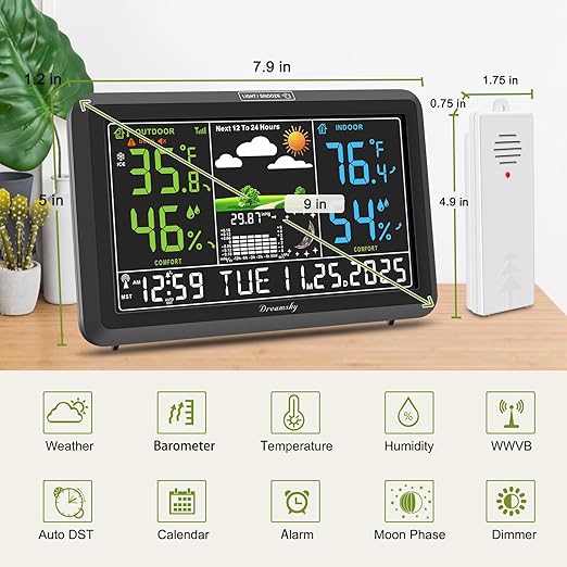 DreamSky Weather Station Indoor Outdoor Thermometer Wireless with Digital Atomic Clock for Home, Large Display with Dimmer, USB Port, Inside Outside Temperature Humidity Monitor (Plug-in)-3 Sensors