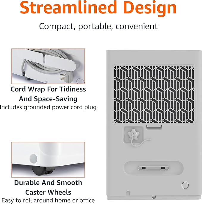 Amazon Basics 50-Pint Large Dehumidifier with Pump, Energy Star Certified, Humidity Control, Auto-Defrost, Timer, Overflow Protection for Rooms up to 4000 SFT, White