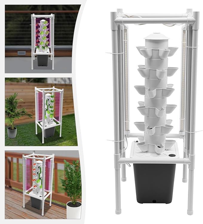 Hydroponic Growing Kit, 6 Layer 30 Planting Point Hydroponic Grow Tower with 4 LED Lamps, Vertical Tower Planter Germination Kit, Hydroponics Growing System for Garden, Office, Balcony (Gray)