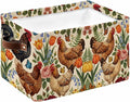 Rooster Floral Storage Bins Cubes Waterproof Cloth Storage Basket, Farmhouse Spring Flowers Butterflies Foldable Storage Bags for Shelf Closet Clothes Organizers with Handles 15x11x9.5 in 1PCS