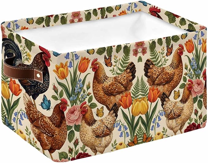 Rooster Floral Storage Bins Cubes Waterproof Cloth Storage Basket, Farmhouse Spring Flowers Butterflies Foldable Storage Bags for Shelf Closet Clothes Organizers with Handles 15x11x9.5 in 1PCS