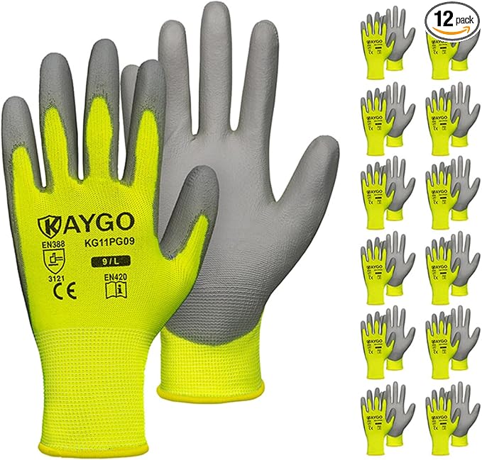 KAYGO Work Gloves for Men and Women,12 Pairs Seamless Knit PU Coated Safety Gloves, with Smooth Grip on Palm and Fingers, Ideal for Light Warehouse, Manufacturing, Gardening, KG11P (L,Green)