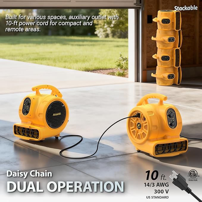Air Mover, 1100 CFM 1/4 HP 200W Blower Fan, Floor Fan Heavy Duty with 3 Speeds and Timer, Stackable Air Blower, Utility Fan for Carpet, Floor Drying and Water Damage Restoration, YELLOW