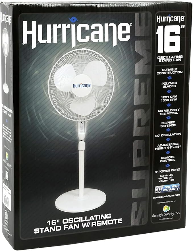 Hurricane 16" Supreme Oscillating Stand Pedestal Fan with Remote for Home, White - Standing Electric Air Cooling Unit for Indoor Room, Garage, Workshop, Shed, and Greenhouse