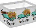 Country Sunflowers Storage Bins Cubes Waterproof Cloth Storage Basket, Welcome Rustic Truck Floral Farmhouse Foldable Storage Bags for Shelf Closet Clothes Organizers with Handles 15x11x9.5 in 1PCS
