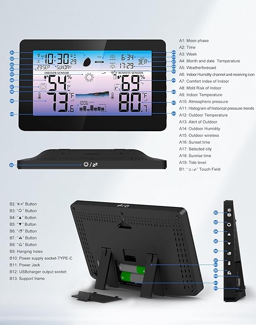 Weather Station Wireless Indoor Outdoor, Digital Thermometer with Accurate Temperature & Humidity, Large Color HD Display with Remote Sensor, Weather Forecast, Atomic Clock, Moon Phase