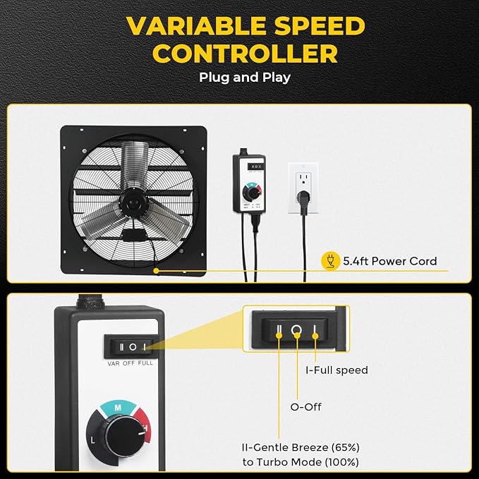 VENTISOL 24 Inch Shutter Exhaust Fan, Wall Mounted Attic Fan with Power Cord, High Speed Vent Fan with Speed Controller 4250CFM, Automatic Household Ventilation Fan for Cooling, Garage, Shop, Black