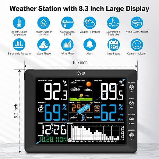 Urageuxy Wireless Weather Station with Indoor Outdoor Thermometer, Atomic Clock, 8.3" Large Color Display, Barometric Pressure Monitor, Forecast, 328ft Range for Home, Patio, RV, Garage