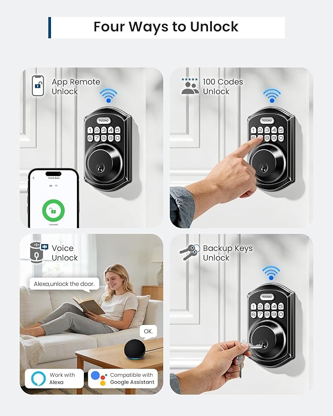 TEEHO TE011W Wi-Fi Keyless Entry Door Lock with Keypad - Smart Deadbolt Lock for Front Door with 2 Keys - Remote Control, Works with Alexa & Google, APP Unlock - Easy Installation - Matte Black