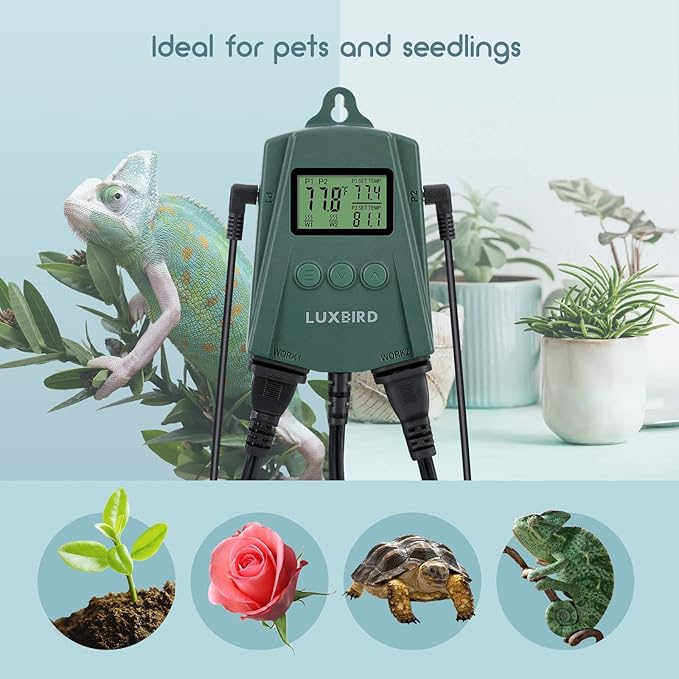 LUXBIRD LB-2SC Digital Heating Mat Thermostat Controller with 2 Probes and 2 Outlets for Seedlings, Germination, Reptiles, Brewing, Breeding, Incubation, Greenhouse (Max 250W per Outlet)