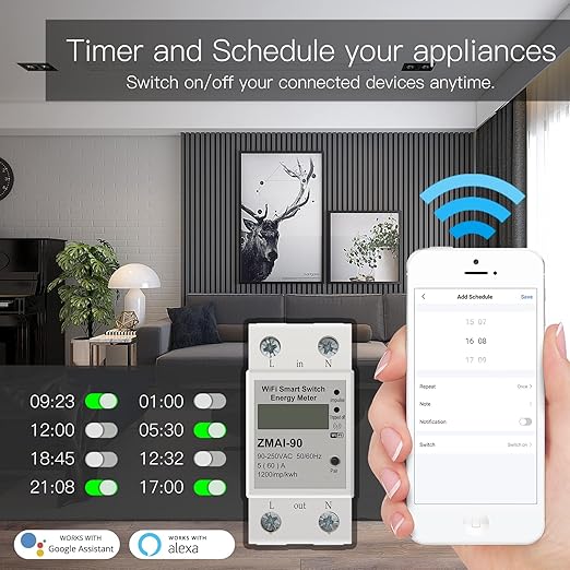 WiFi Smart Energy Monitor Switch Meter, Compatible with Alexa Google Home, Remote Control with Smart Life/Tuya App, Din Rail Tester Current Voltage Amperage Power Meter AC 110-230V 60A Multimeter