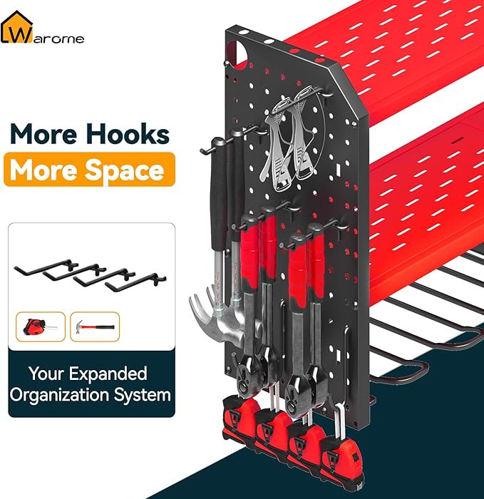 Warome Tool Organizer with Charging Station, Power Tool Rack Wall Mount with 8-Outlet Power Strip, Tool Storage for Garage with 8 Cordless Drill Holders, Battery Utility Shelf in Red