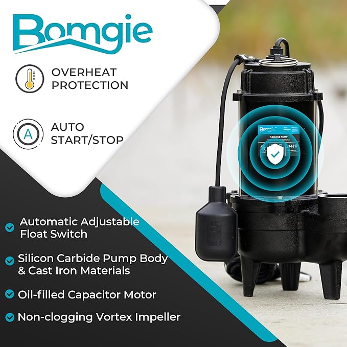 3/4 HP Sewage/Effluent Pump, 6400 GPH Submersible Basement Sewer Pump with 10ft Auto Float Switch, Cast Iron Sump Ejector, 2'' NPT for Sewage Basin, 120V