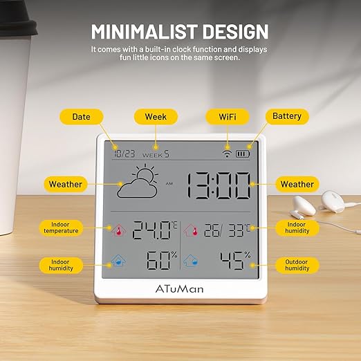 ATuMan TH3 Smart Thermometer Hygrometer - WiFi Enabled Indoor/Outdoor Temperature Humidity Monitor, 4.3'' Large LCD, Auto-Time Calibration, Type-C, High Precision Sensor for Home, Office, Greenhouse